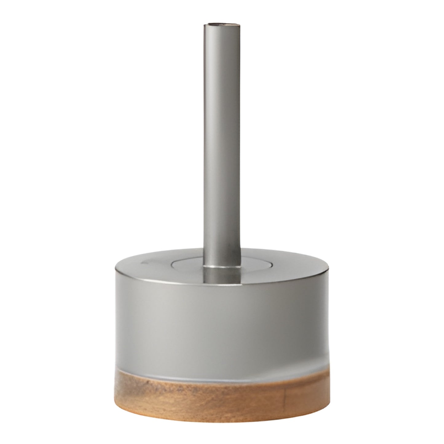 PD218 metal-bond diamond glass drill, 2-1/8 in. cup, 3/8 in. reduced round shank, silver cylinder with wood base.