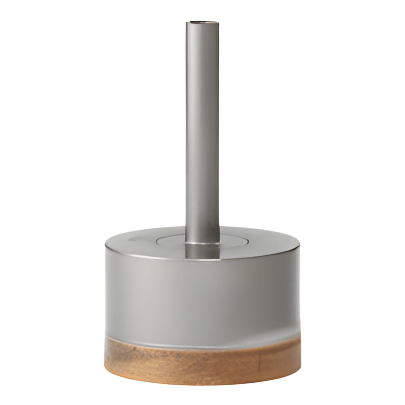 PD218 metal-bond diamond glass drill, 2-1/8 in. cup, 3/8 in. reduced round shank, silver cylinder with wood base.