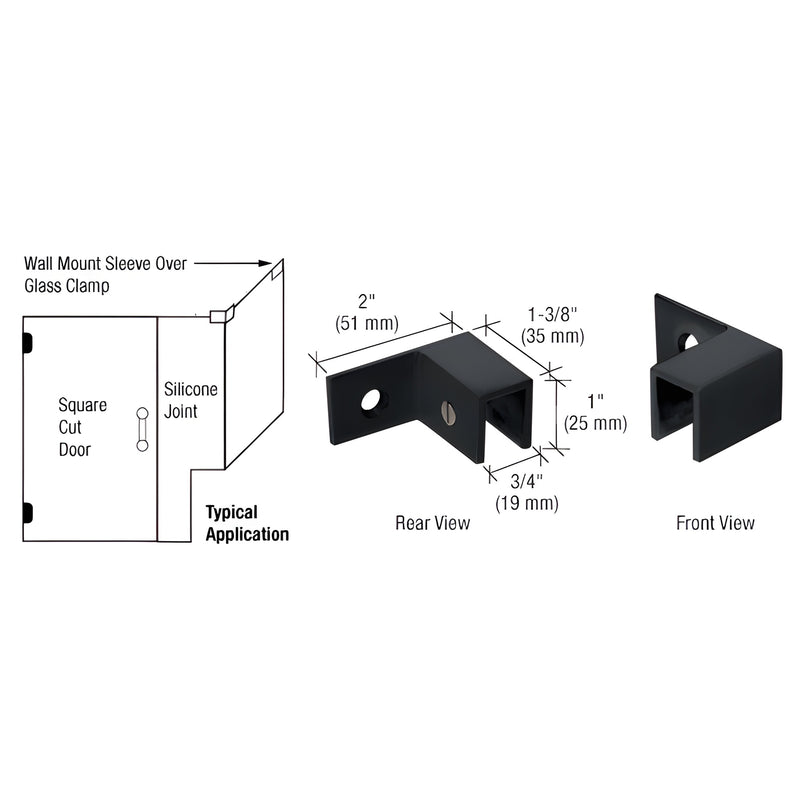 Matte black brass wall mount sleeve-over glass clamp (SKU S0GC37RMBL), right-hand for 8-12mm frameless shower glass