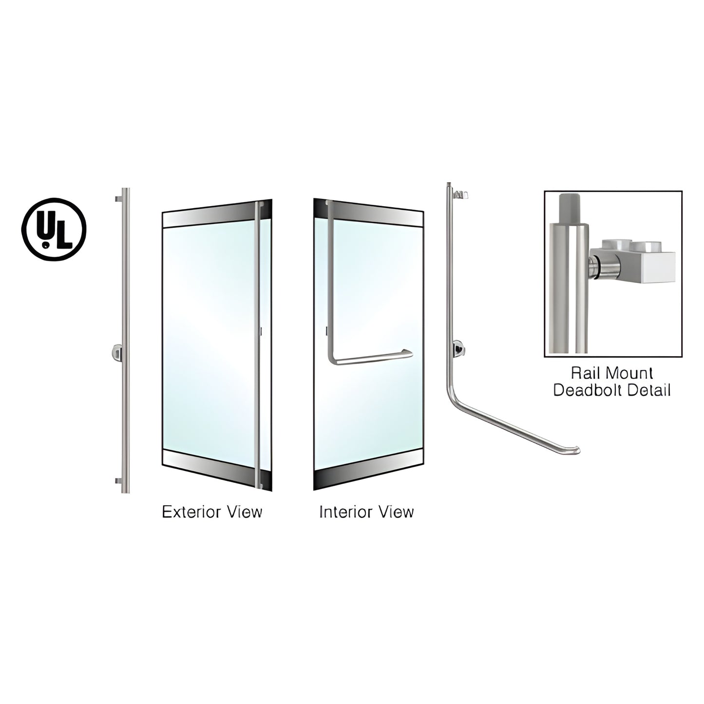 Brushed stainless steel DRS rail-mount deadbolt handle for 1-1/4" tubular glass doors, interior pull, left-hand reverse.