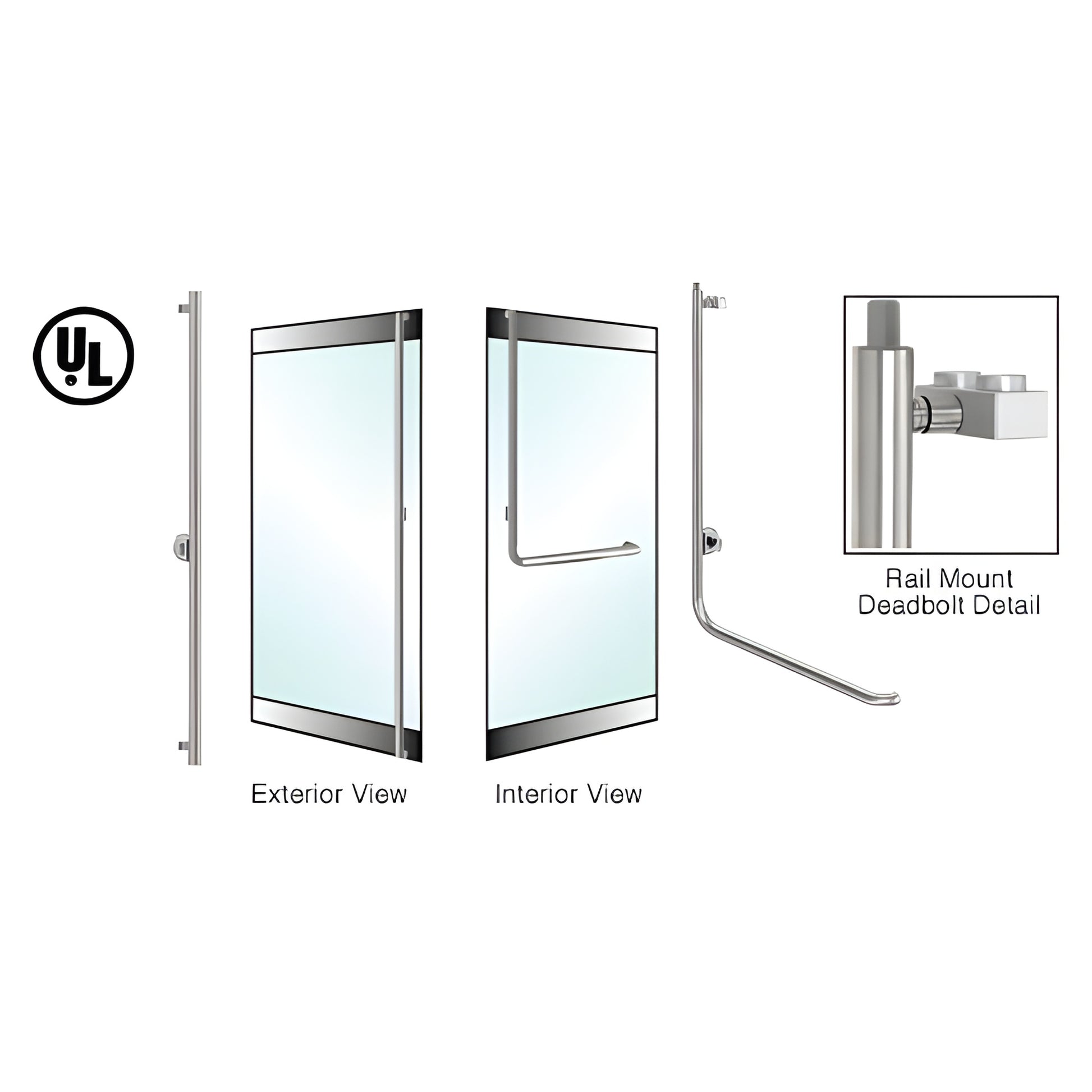 Brushed stainless steel DRS rail-mount deadbolt handle for 1-1/4" tubular glass doors, interior pull, left-hand reverse.