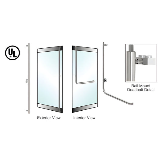 Brushed stainless steel DRS rail-mount deadbolt handle for 1-1/4" tubular glass doors, interior pull, left-hand reverse.