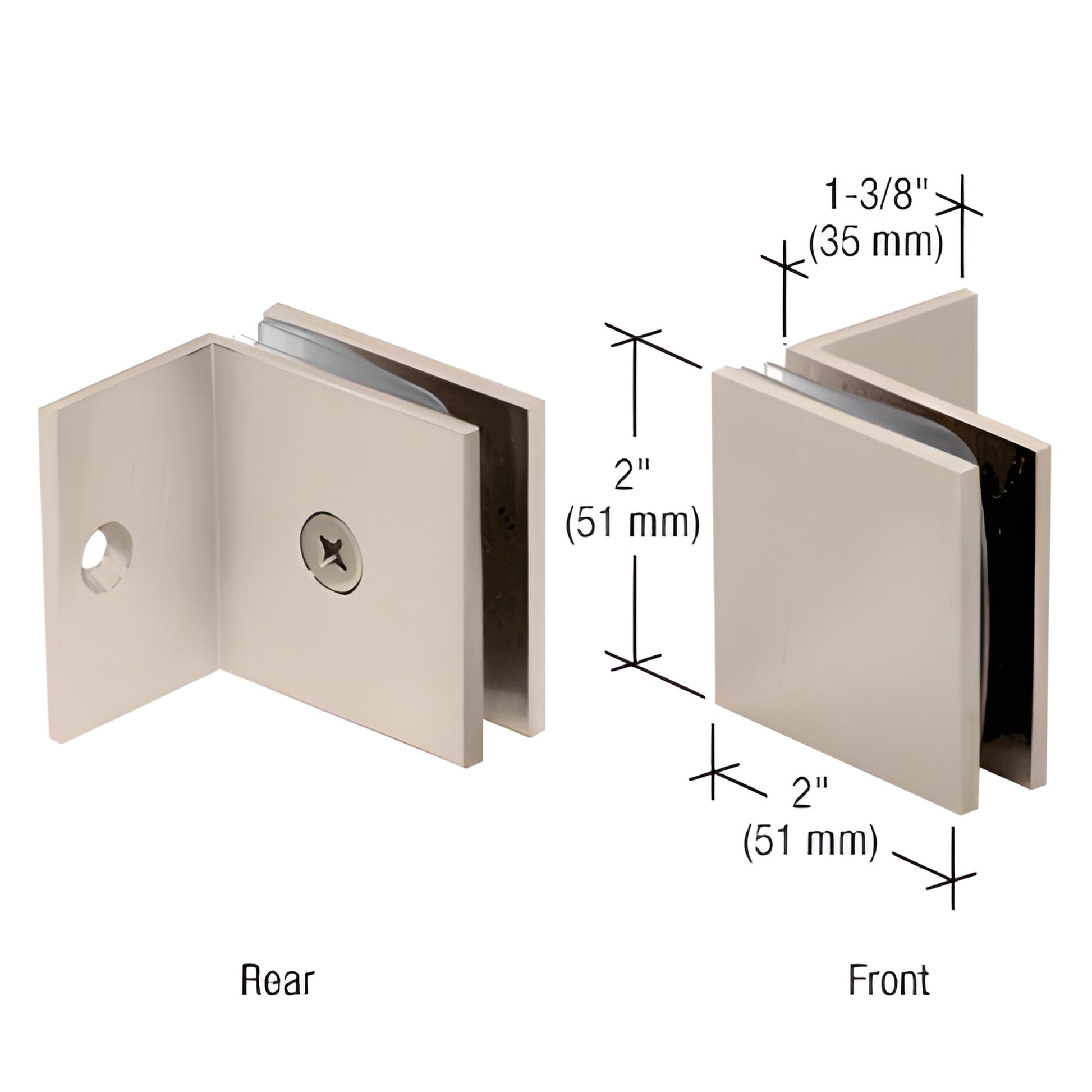 Brushed-nickel square brass glass clamp with small 90 leg, wall-mount 2" for 3/8-1/2" glass - SKU SGC037BN