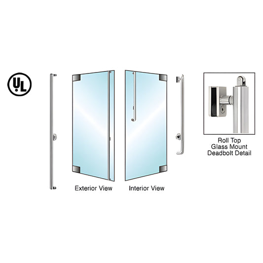 DBR170F4G1BS brushed stainless steel all-glass door deadbolt handle, exterior/interior views with top roll-latch detail.