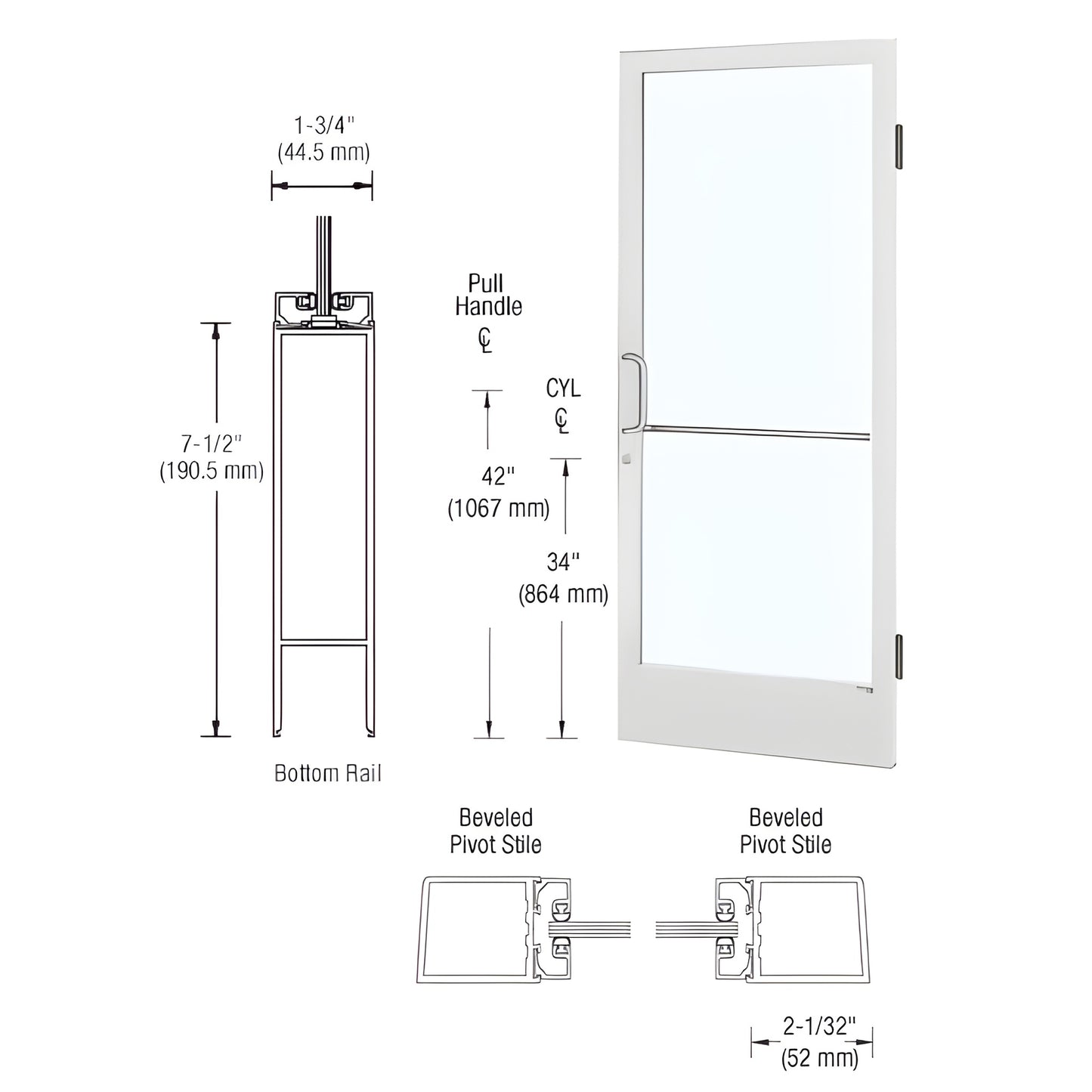 HE21552 white Kynar narrow-stile entrance door with 1/4" glass, ADA-compatible 9-1/2" bottom rail, pull handle.