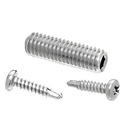 RSP2PS CRL replacement screw pack, polished stainless steel - two self-drilling Phillips screws and one Allen set screw.
