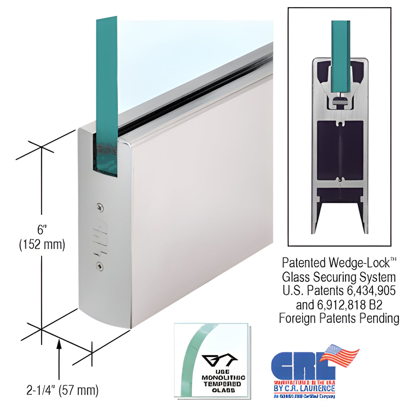 CRL Wedge-Lock satin anodized aluminum 6" door bottom rail for 5/8" glass, 35-3/4" (SKU DR6SSA58S)