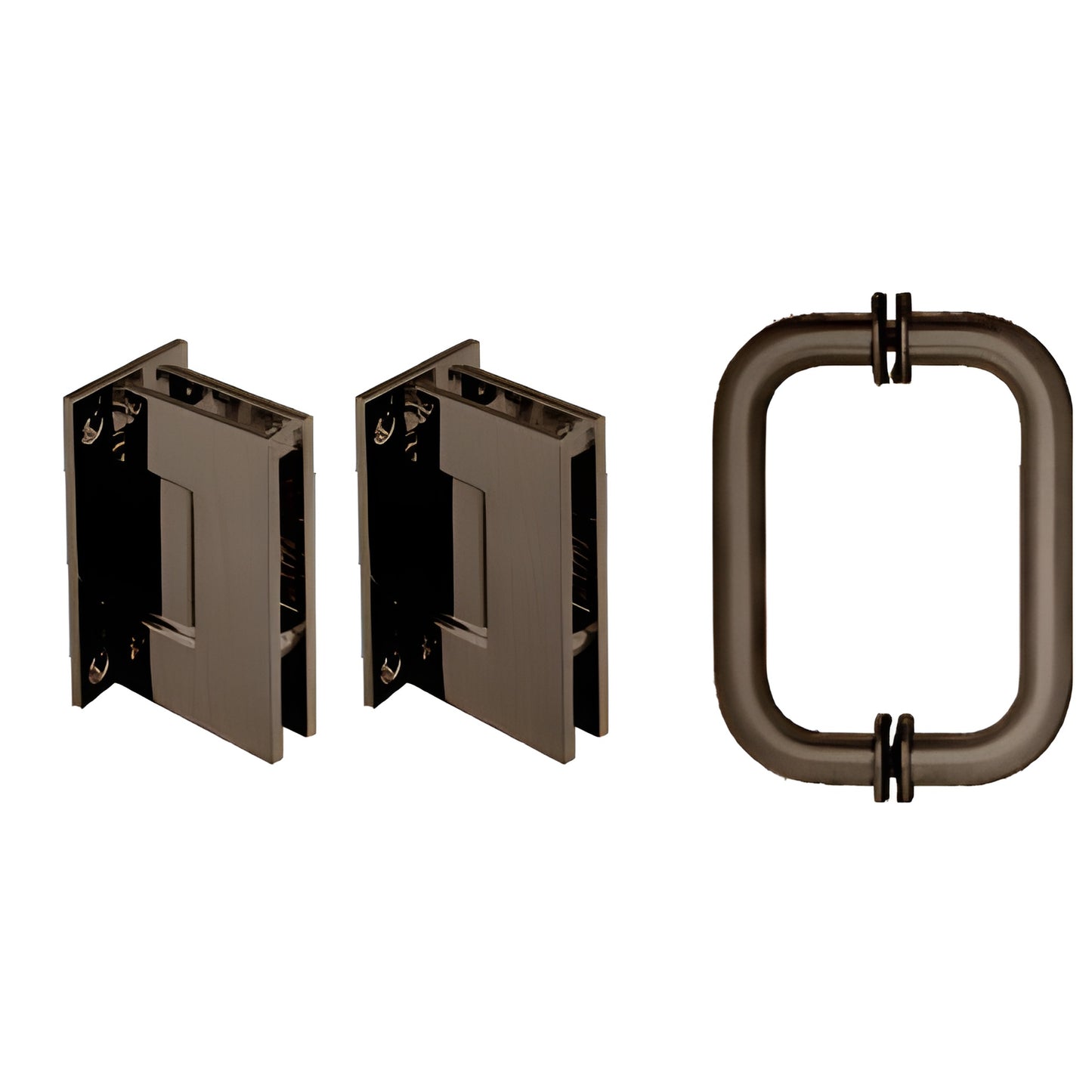 GENS30RB oil-rubbed bronze shower hinge and rectangular pull set for 5/16-1/2" (8-12mm) frameless glass doors.