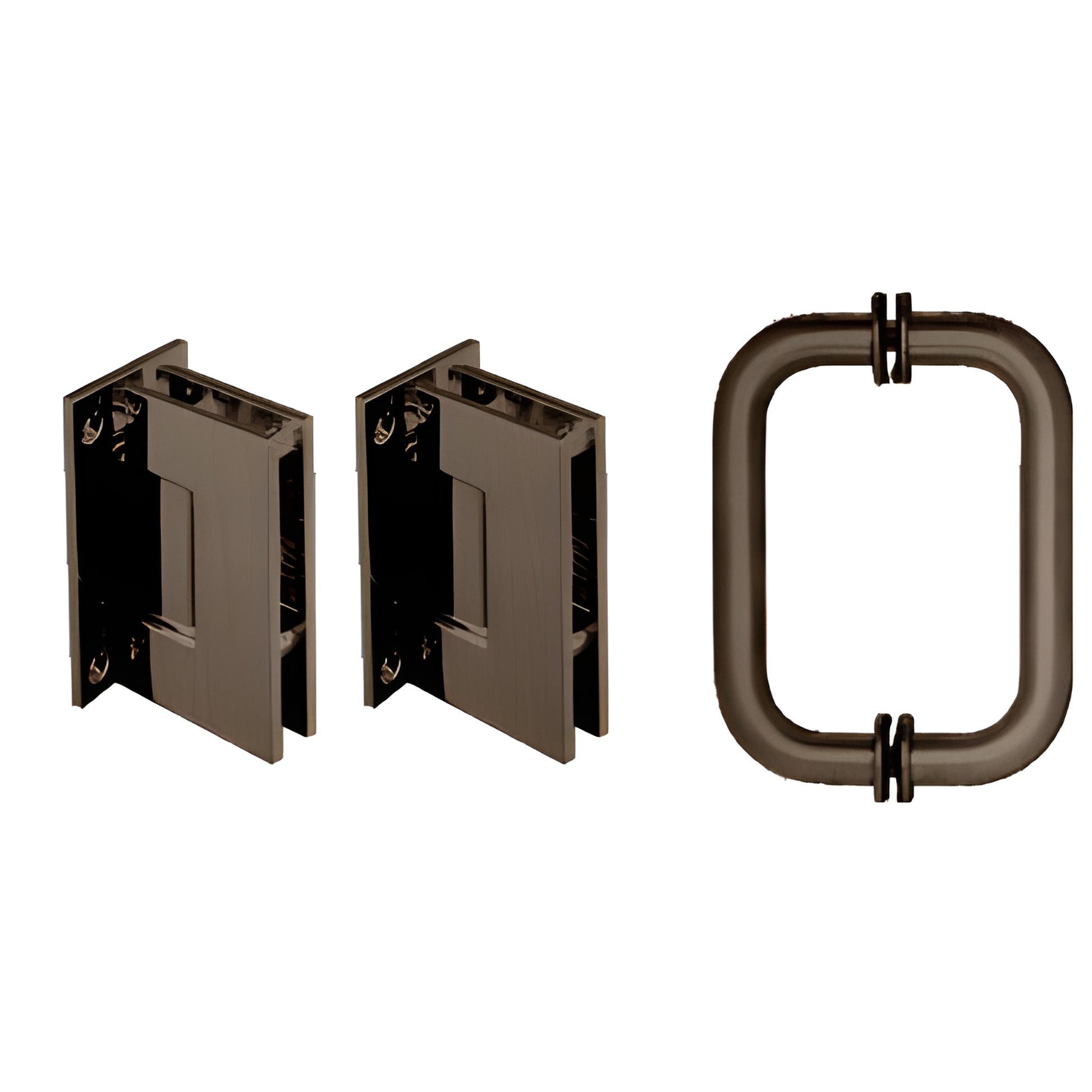 GENS30RB oil-rubbed bronze shower hinge and rectangular pull set for 5/16-1/2" (8-12mm) frameless glass doors.