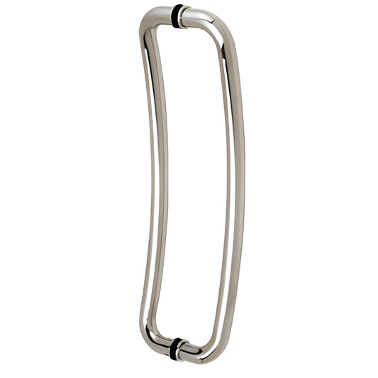 CY18X18PS 18 in polished stainless curved round-tube back-to-back glass door pull, 1 in diameter, fits 3/8-3/4 in glass