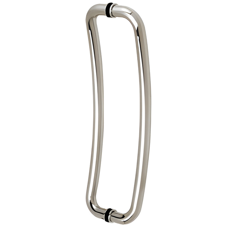 CY18X18PS 18 in polished stainless curved round-tube back-to-back glass door pull, 1 in diameter, fits 3/8-3/4 in glass