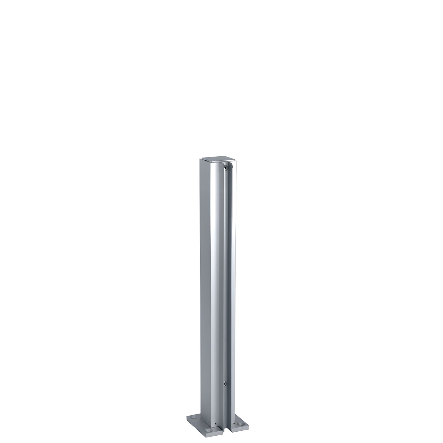 Satin anodized aluminum square partition end post with U-channel and base plate for 1/4" glass (SKU D990A14E)