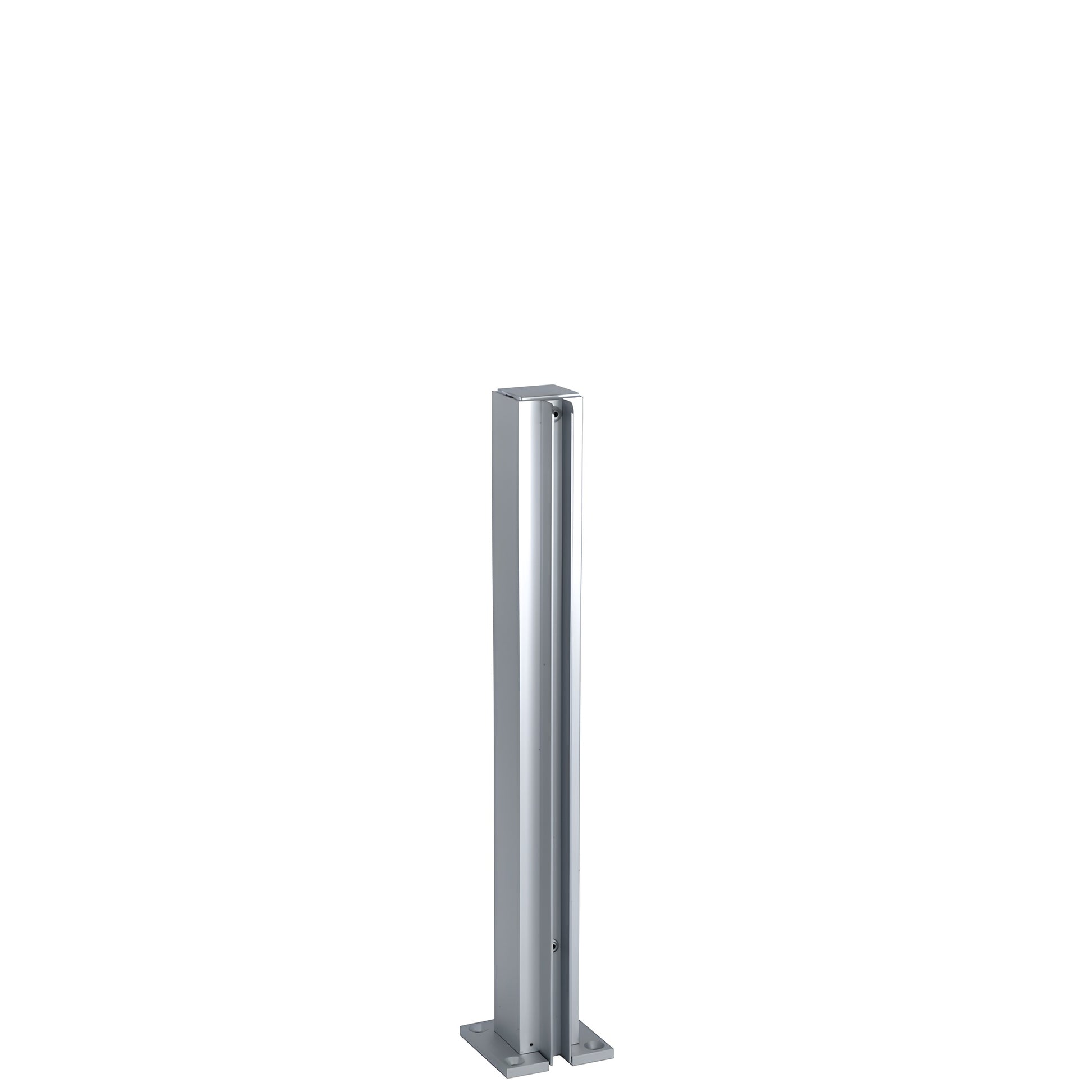 Satin anodized aluminum square partition end post with U-channel and base plate for 1/4" glass (SKU D990A14E)