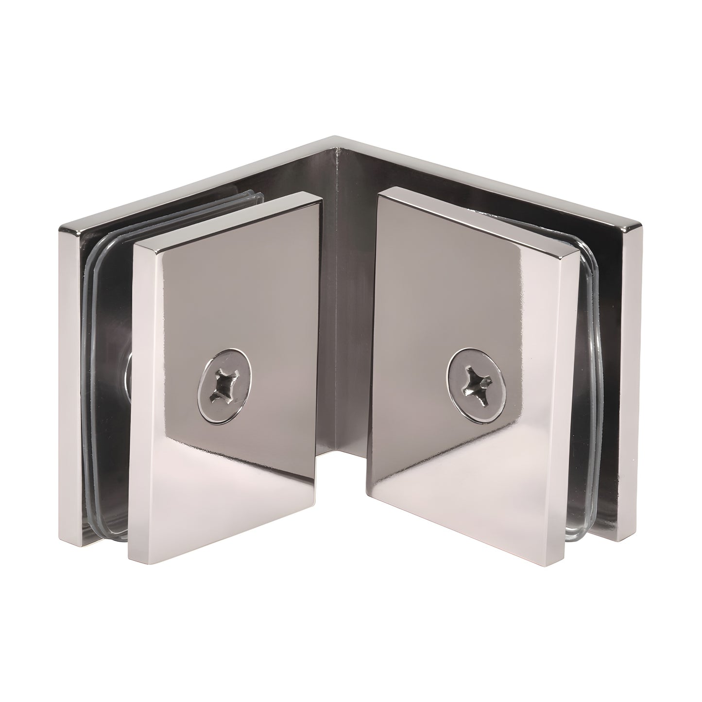 SGC90PN polished nickel square 90 glass-to-glass clamp for 3/8-1/2" (10-12 mm) frameless shower panels.