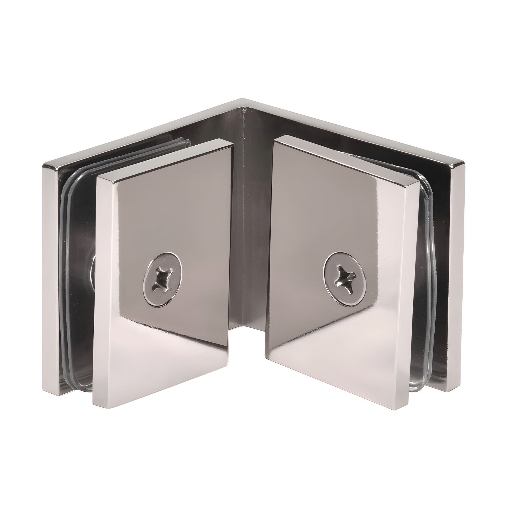 SGC90PN polished nickel square 90 glass-to-glass clamp for 3/8-1/2" (10-12 mm) frameless shower panels.