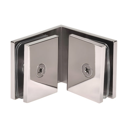 SGC90PN polished nickel square 90 glass-to-glass clamp for 3/8-1/2" (10-12 mm) frameless shower panels.