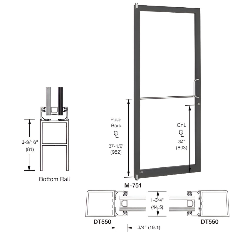 CRL LE21222R036 narrow stile 36x84 black bronze anodized aluminum entrance door, offset pivot, accepts 1 in glazing