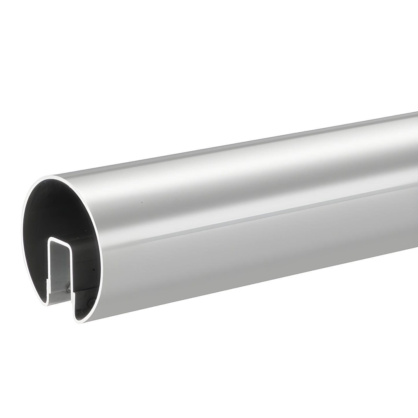 Polished stainless steel 3 in cap rail with internal U-channel, 120 in length. SKU GR30PS