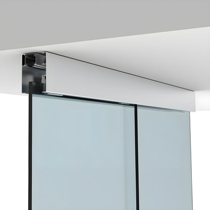 Satin-anodized ceiling-mounted CRL50 sliding glass door track and top-hung hardware with tempered glass panel