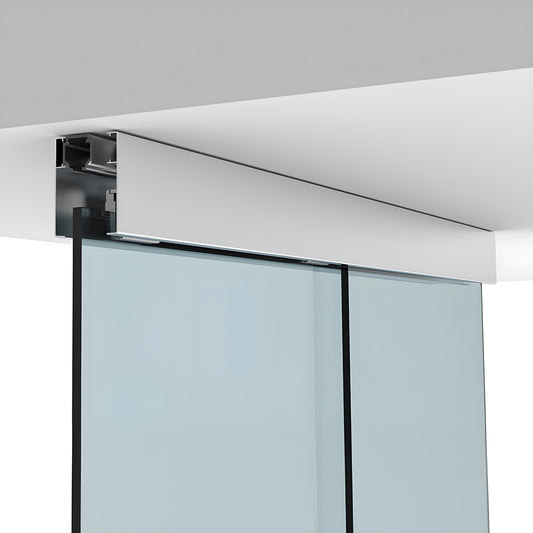 Satin-anodized ceiling-mounted CRL50 sliding glass door track and top-hung hardware with tempered glass panel