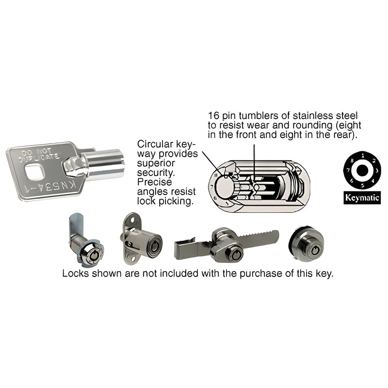 KMK6 bright nickel Keymatic combination key next to diagram and compatible Keymatic lock cylinders