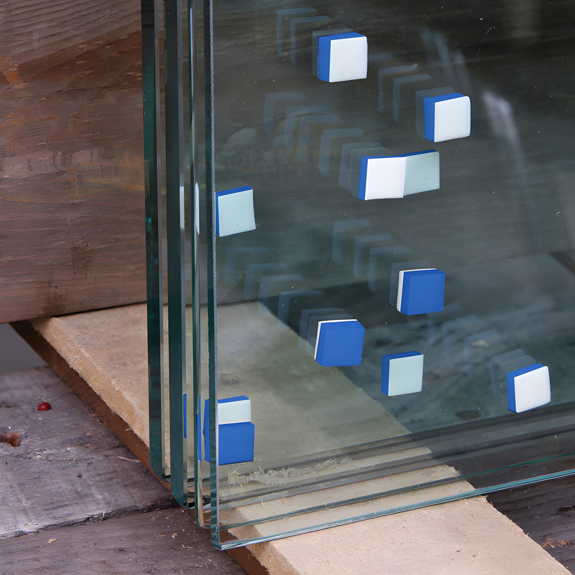 Roll of blue non-adhesive EVA foam shipping pads (ENA12B) with white protective liner, scored squares.