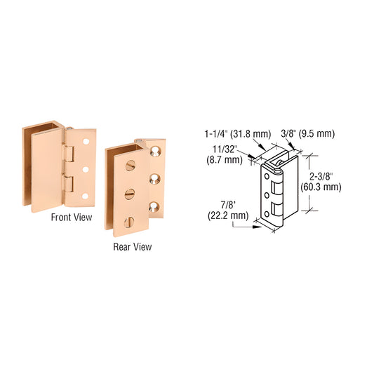 Polished brass set-screw wall-mount hinge pair for 5-8mm tempered glass, 2-pack (SKU EH170), shown with dimensions.
