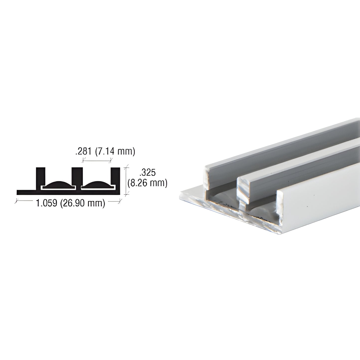 Satin anodized aluminum low-profile lower track for 1/4" (6mm) sliding panels, SKU D593A.