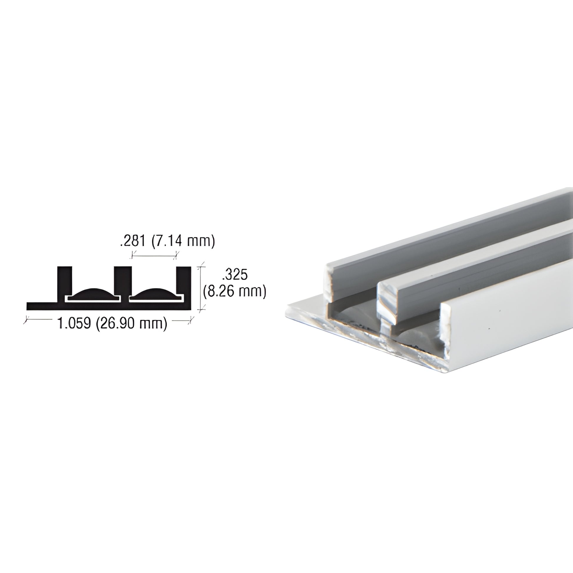 Satin anodized aluminum low-profile lower track for 1/4" (6mm) sliding panels, SKU D593A.