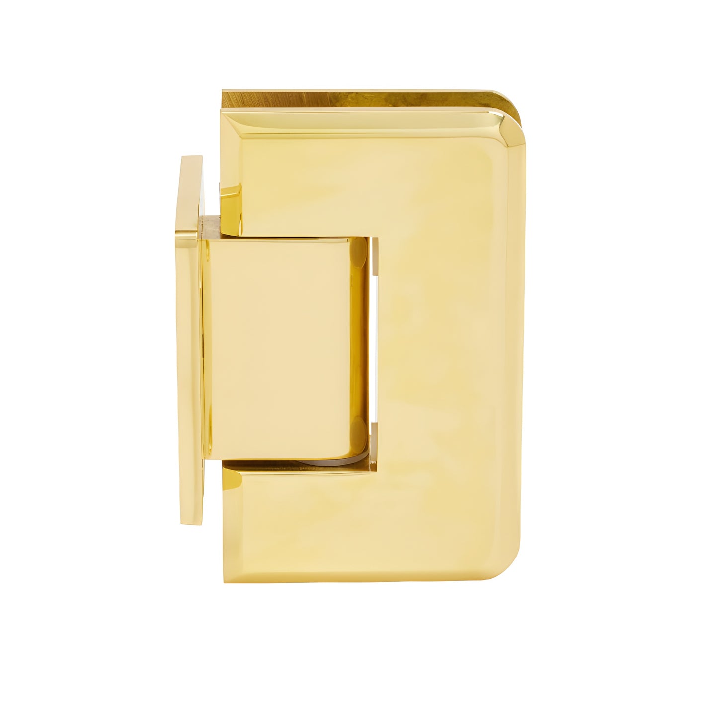 P1N074BR polished brass Pinnacle self-centering shower door hinge for 8-12mm tempered glass, short back plate.