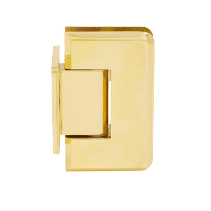 P1N074BR polished brass Pinnacle self-centering shower door hinge for 8-12mm tempered glass, short back plate.