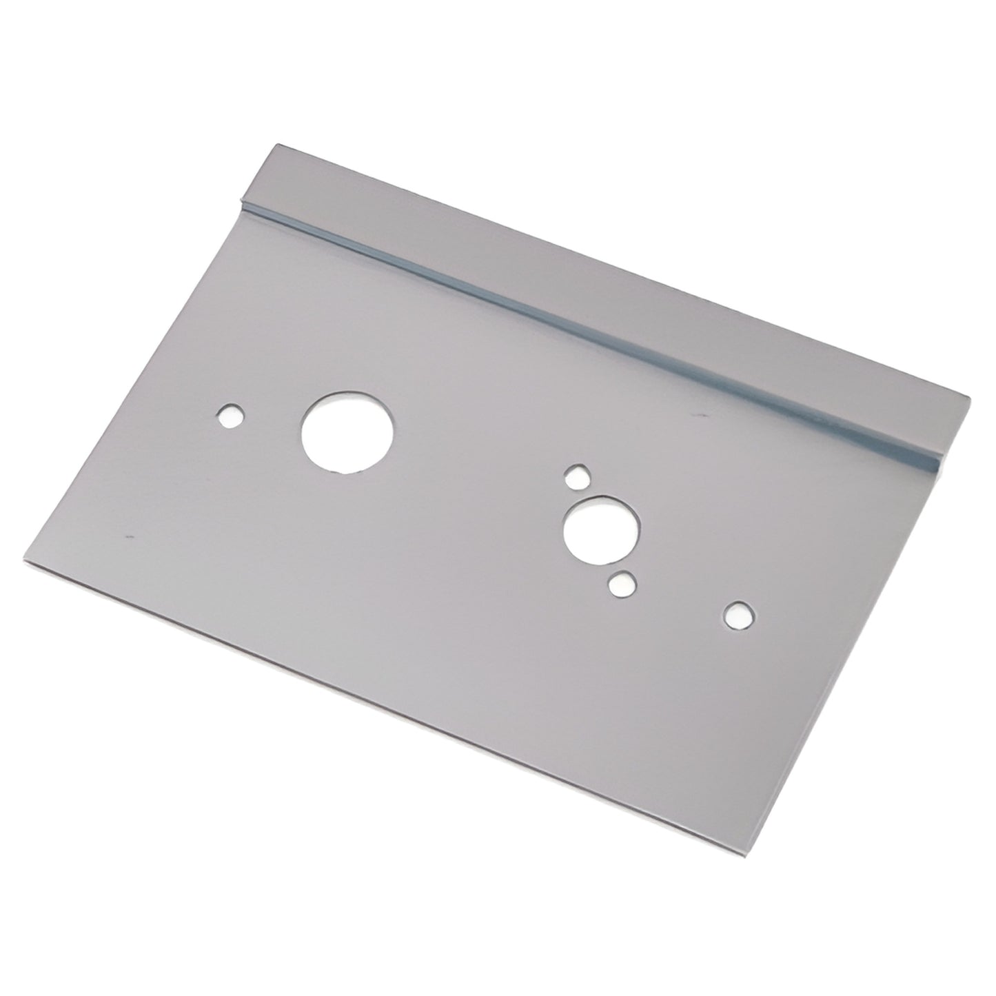 Brushed stainless steel center lock latch guard plate (LG610LBS), 6"x10" with mounting holes and angled lip.