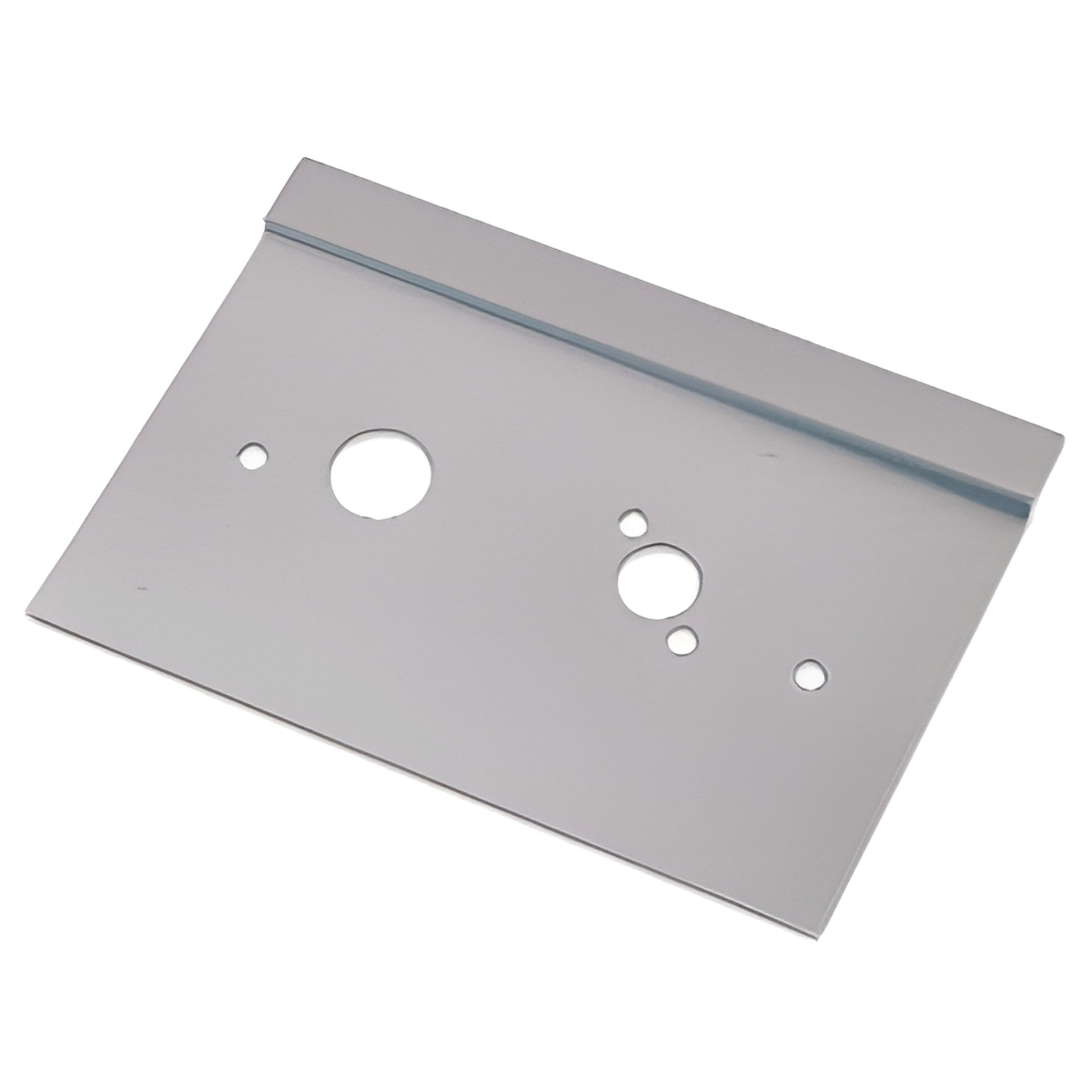 Brushed stainless steel center lock latch guard plate (LG610LBS), 6"x10" with mounting holes and angled lip.