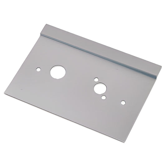 Brushed stainless steel center lock latch guard plate (LG610LBS), 6"x10" with mounting holes and angled lip.