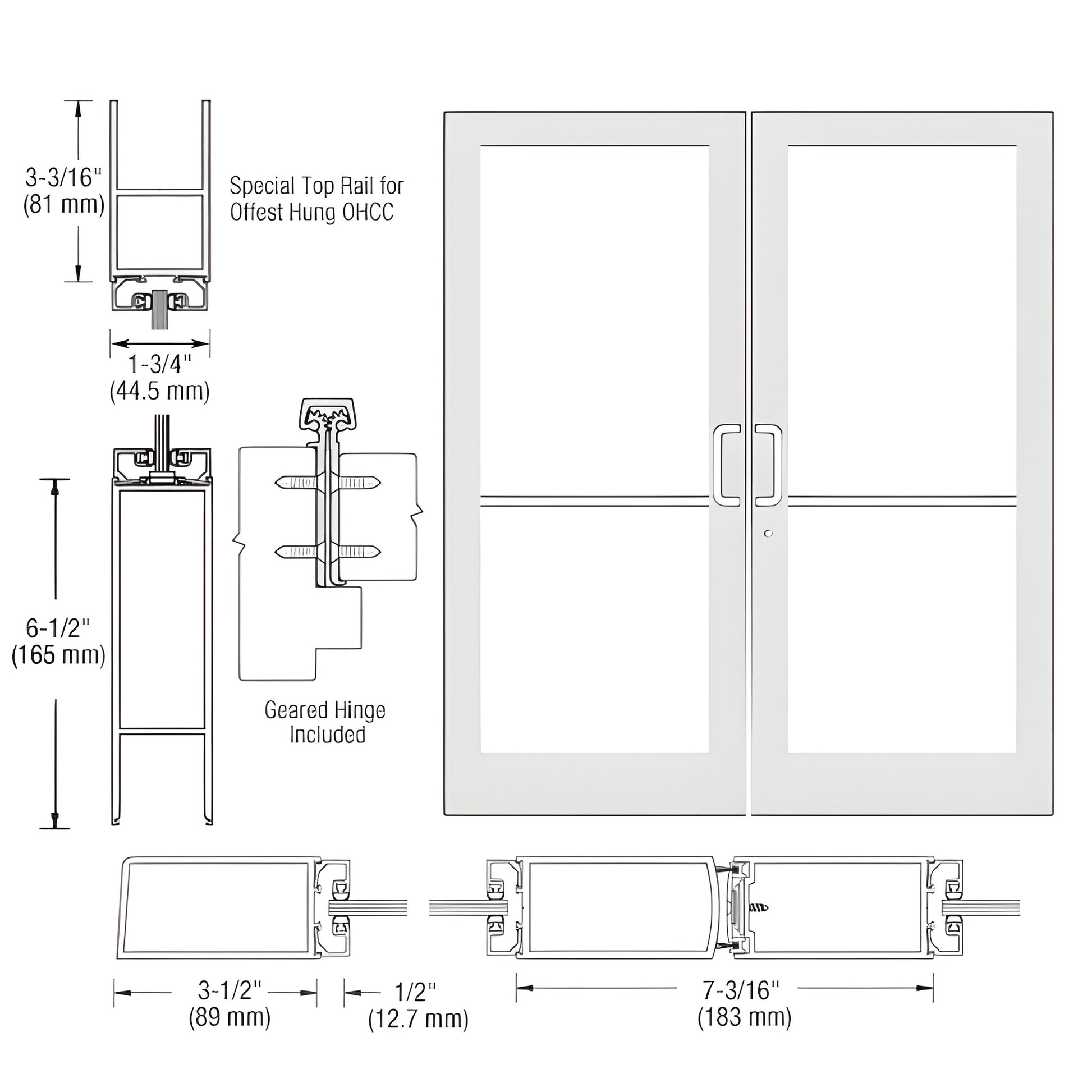 DC42952 white Kynar double commercial entrance door, medium stile, glass-ready, 31 2" stiles, 61 2" bottom rail.