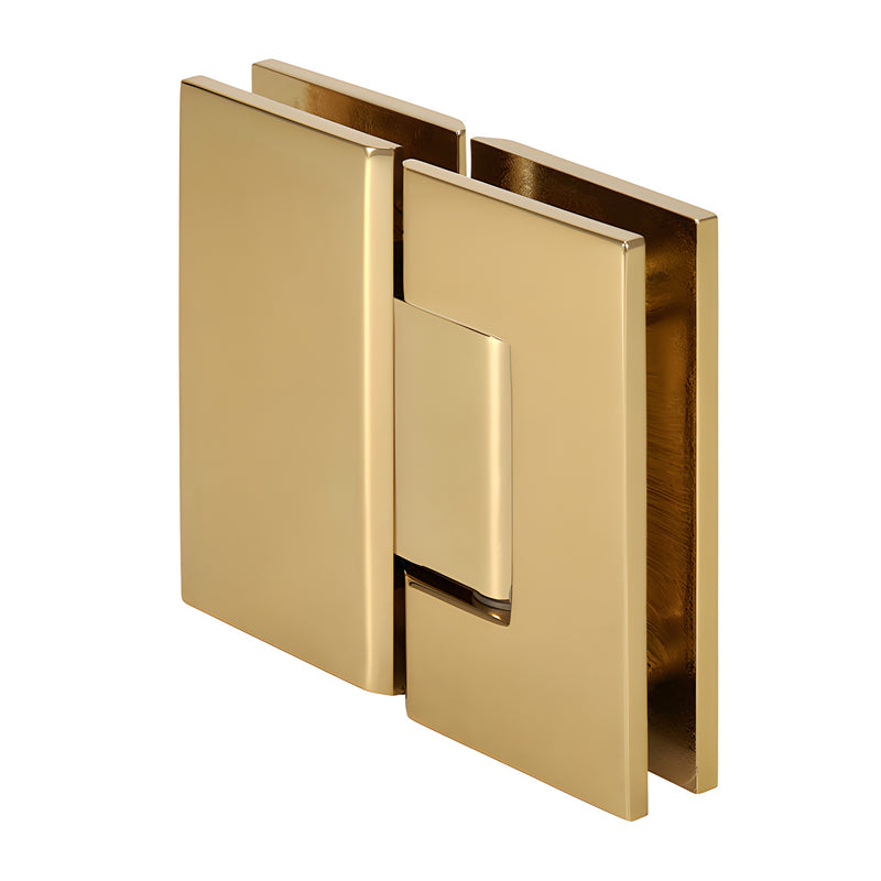 GEN380BR polished brass adjustable Geneva glass-to-glass shower hinge, square profile, self-centering, for 8-12mm glass.