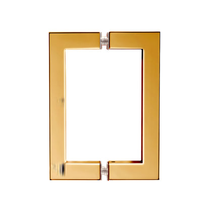 Square-corner brass back-to-back pull handle for frameless glass doors, unlacquered brass finish, 6" C-C (SKU SQ6X6ULBR)