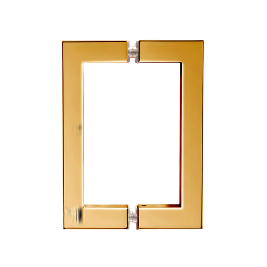 Square-corner brass back-to-back pull handle for frameless glass doors, unlacquered brass finish, 6" C-C (SKU SQ6X6ULBR)