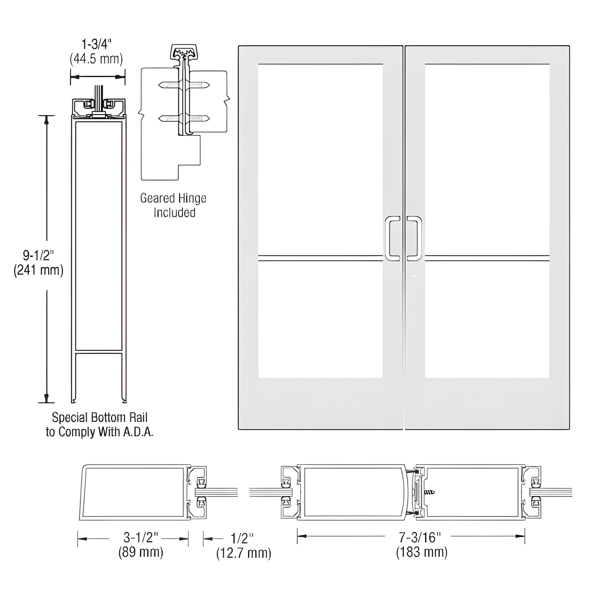 CRL CD42852 white Kynar commercial double entrance door drawing, 3.5" stiles, ADA 9.5" bottom rail, glass stops, gear-hinge p
