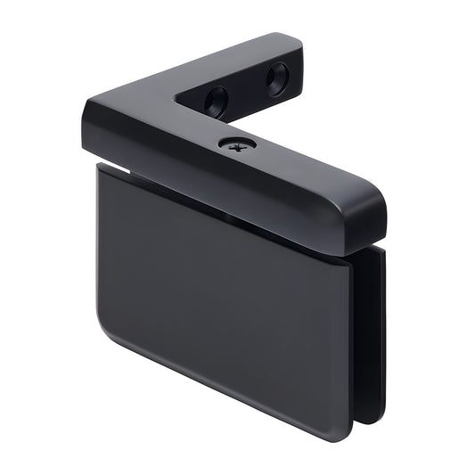 Matte black beveled brass pivot hinge for frameless shower glass, left-hand wall mount (SKU PPH05LMBL)