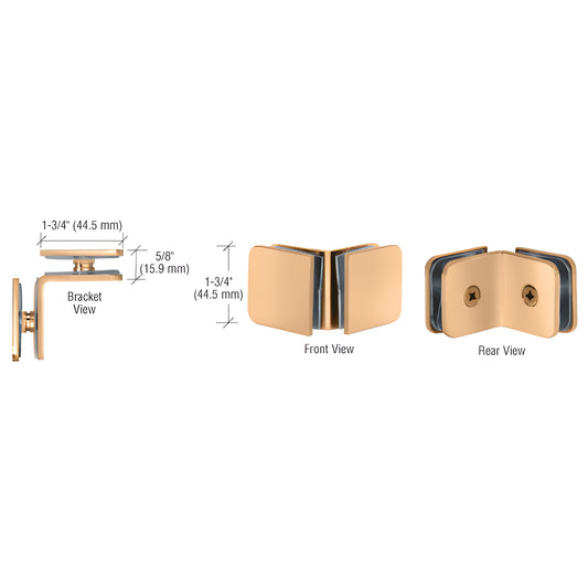 GCB90SB satin brass 90 solid brass glass clamp for 8-12mm frameless shower panels, shown front/rear/bracket views