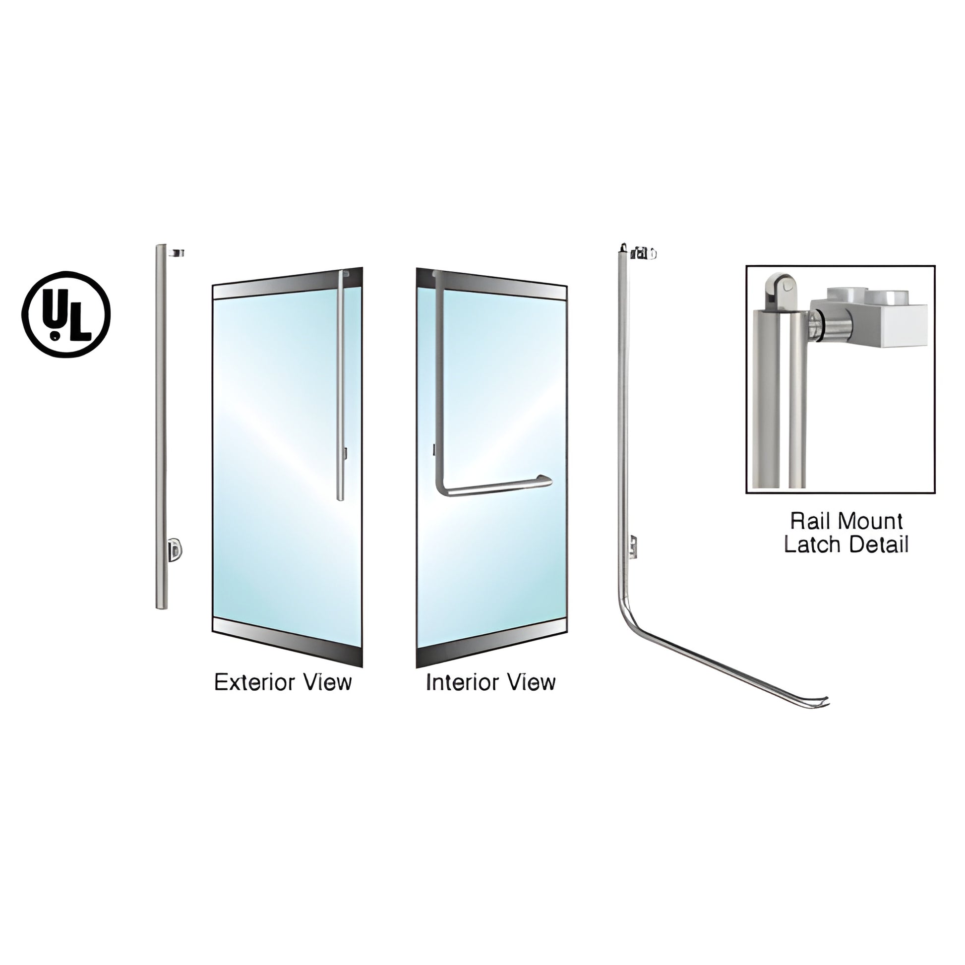 PA100JS4LKBS brushed stainless tubular panic rail-mount handle for 1/2" glass doors, interior push bar, UL certified.