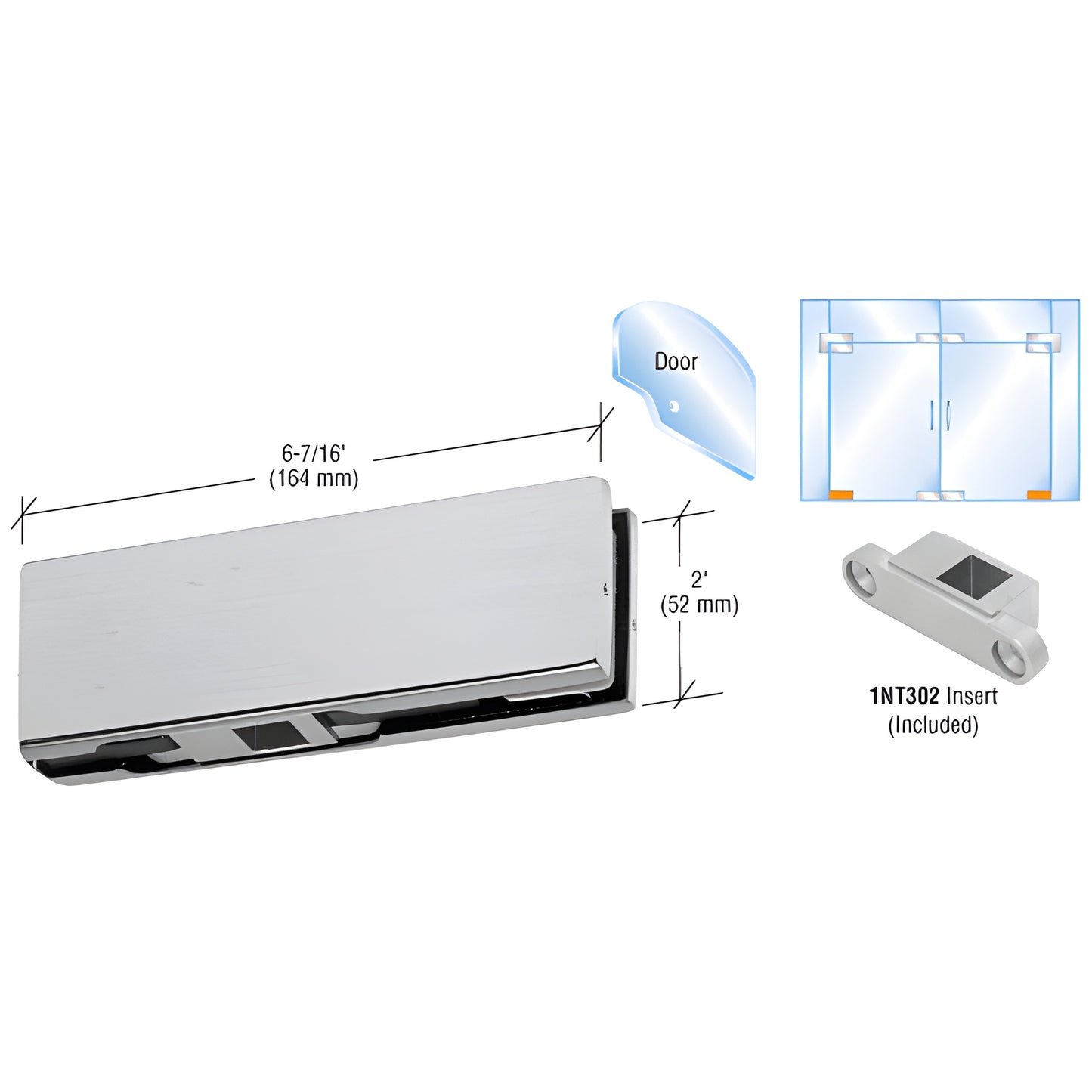 PH10DBS Brushed stainless bottom door patch fitting for frameless glass, 6-7/16" x 2" fits 3/8" or 1/2" glass.