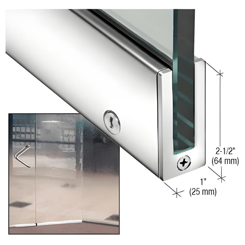 Polished stainless steel slender door rail (1" wide, 2-1/2" high) for 1/2" tempered glass with cam lock, SKU SP64PS12CL