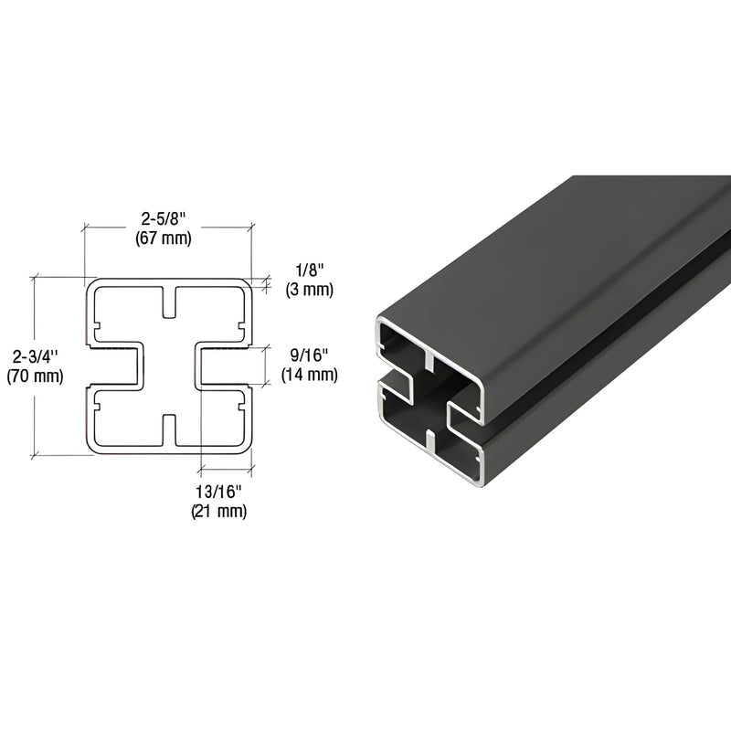 HD72BL matte black aluminum heavy-duty glass railing post, rectangular cross-section with glazing slots, 72 in.