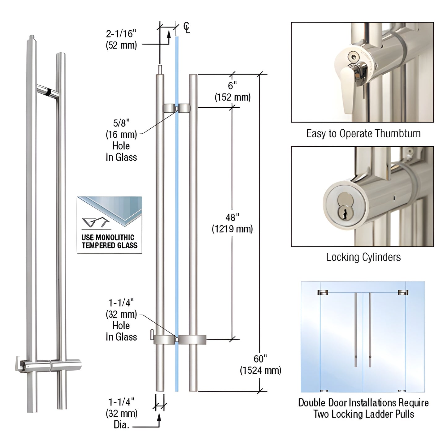LLPUA60PS polished 316 stainless 60in upward-locking ladder pull for 3/4in tempered glass doors; ceiling-locking, ADA thumbtu