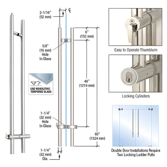 LLPUA60PS polished 316 stainless 60in upward-locking ladder pull for 3/4in tempered glass doors; ceiling-locking, ADA thumbtu