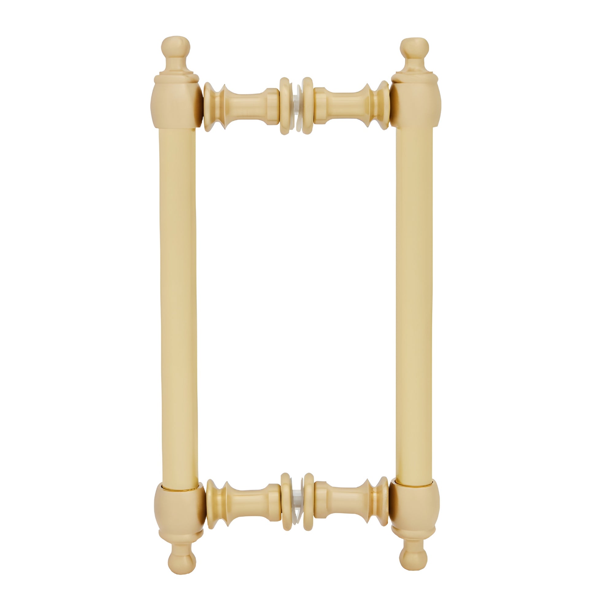 Satin brass Colonial back-to-back pull handle, 3/4" tubular, 8" center-to-center, fits 1/4-1/2" tempered glass.