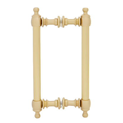 Satin brass Colonial back-to-back pull handle, 3/4" tubular, 8" center-to-center, fits 1/4-1/2" tempered glass.