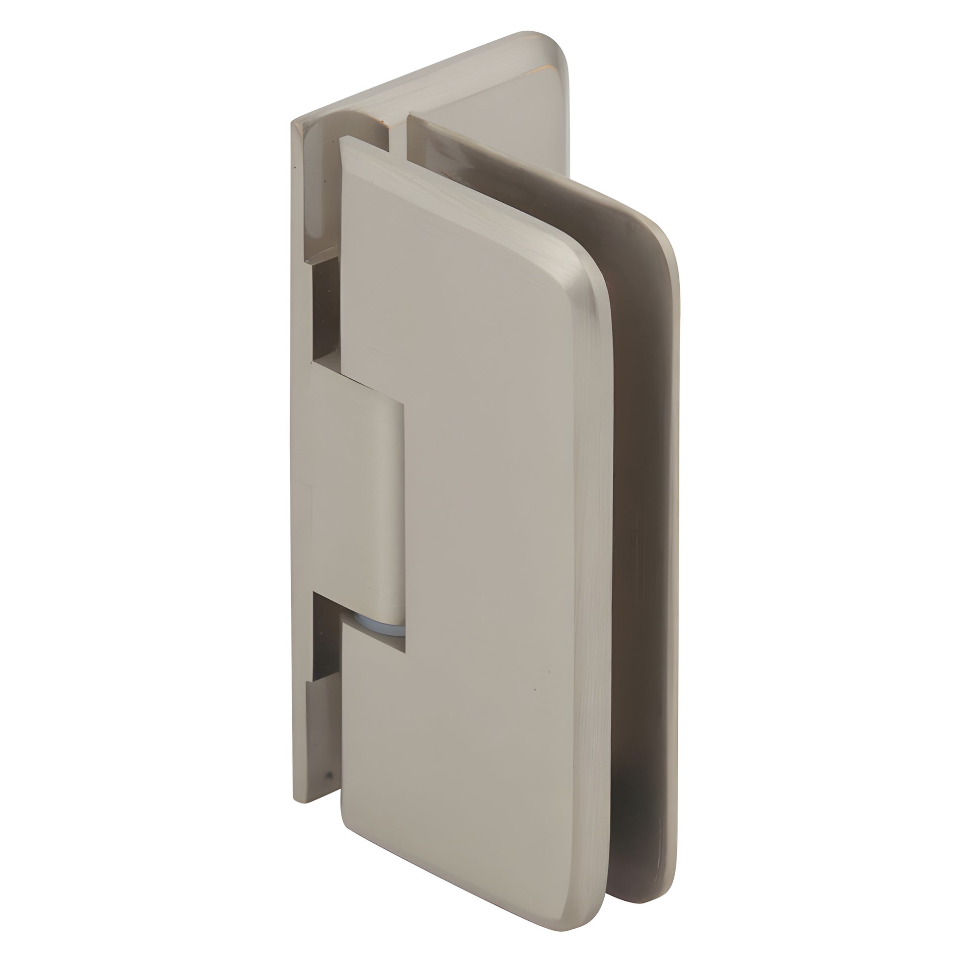 PET044BN brushed-nickel wall-mount offset shower hinge, brass, for 1/4-5/16 (6-8mm) frameless glass.